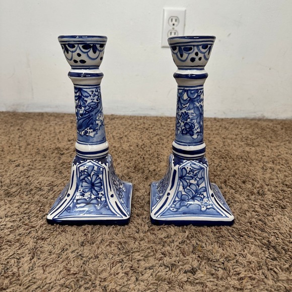 Unbranded Other - Blue and White Chinoiserie Ceramic Candlestick Holders Set of 2 Floral Pottery